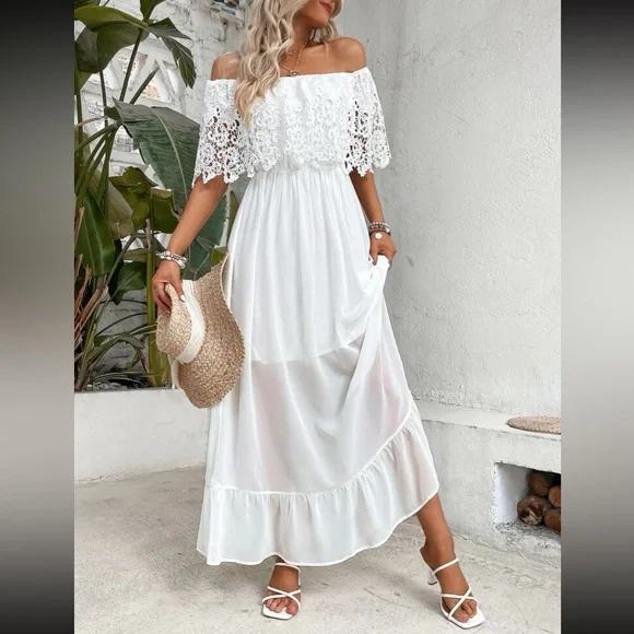 Boho white off shoulder lace ruffle hem maxi dress - Picture 6 of 6